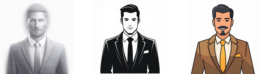 Three stylized illustrations of men in suits; one grayscale, one black and white, and one in color.  Each depicts a different hairstyle and complexion.