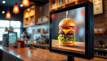 Digital display in restaurant shows double-decker burger menu. Restaurant background blurred. Modern tech used for food ordering. Angled screen shows appetizing food. Client order burger. Restaurant