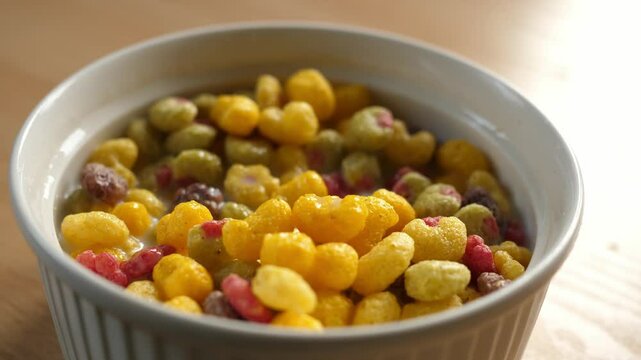 scooping colorful fruity cereal with a spoon from a bowl full of milk