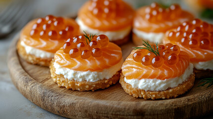 Canapes, which consist of bread with seeds, a layer of lightly salted salmon, on top of which there is a creamy mass and decorated with red caviar and a sprig of dill.
