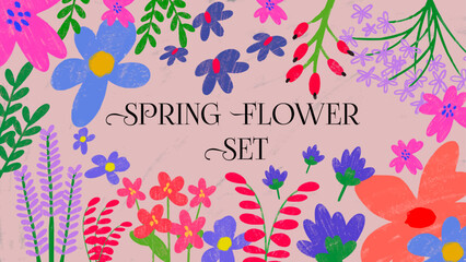 Spring flower vector illustration set. Hand drawing colorful flowers for spring season decoration