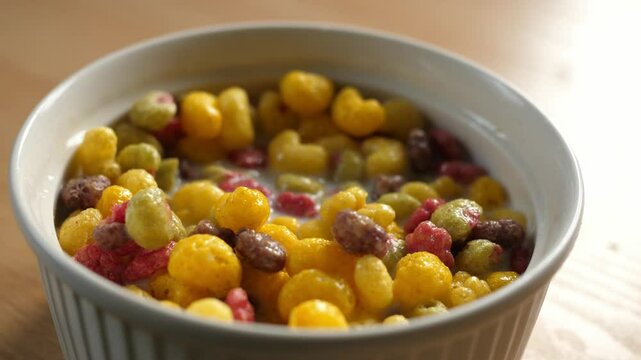 scooping colorful fruity cereal with a spoon from a bowl full of milk