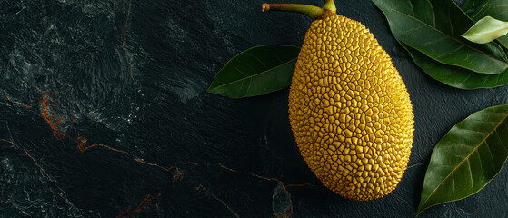 A ripe jackfruit with a spiky, yellow exterior rests on a dark surface, surrounded by green leaves.