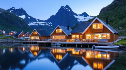 Fototapeta premium Illuminated red wooden houses create a magical ambiance at night in Islands, beautifully reflecting on tranquil waters