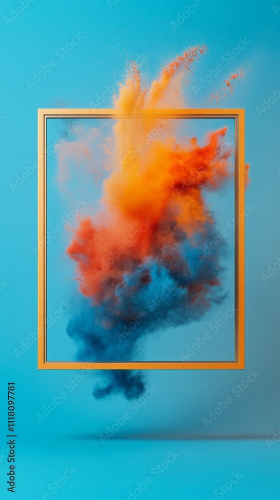 Poster a captivating explosion of colored dust fills a stylish frame, blending vibrant oranges and blues ag