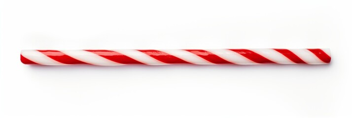 Photograph of a red and white striped candy cane stick captured against a stark white background, showcasing its classic twisted pattern and glossy surface.