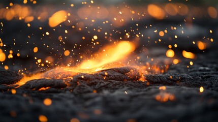 Lava flows and sparks illuminate the dark volcanic landscape at night