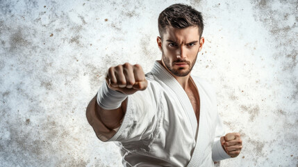 Caucasian male martial artist in a focused stance, wearing a white gi, striking with determination against a textured backdrop.