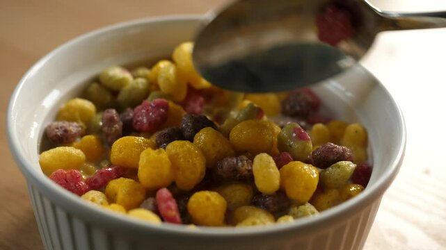 scooping colorful fruity cereal with a spoon from a bowl full of milk