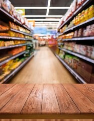 Empty wood table top on shelf in supermarket blurred background