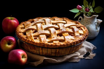 Delicious homemade apple pie with lattice crust, served with fresh apples.
