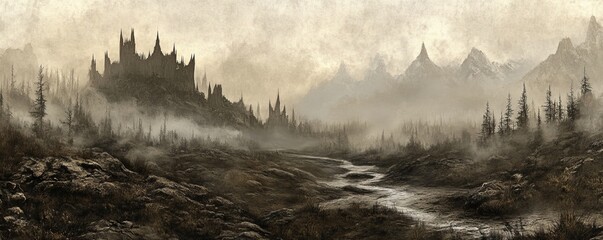 Misty Mountain Castle Digital Painting, Gothic Architecture, Landscape, Sepia Tone, Dark Fantasy Dark Fantasy, Gothic Art