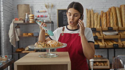 Woman working in a bakery shop with various pastries on display while talking on the phone and using tongs to handle pastries, showcasing a busy and lively indoor setting.