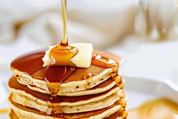 A stack of pancakes topped with butter and syrup, ready to enjoy.