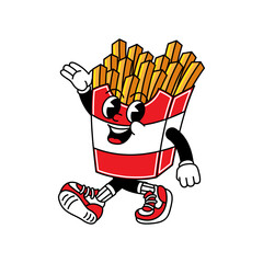 French Fries retro mascot with hand and foot. French Fries and Fast Food Retro vintage mascot cartoon stickers with funny comic characters and gloved hands.