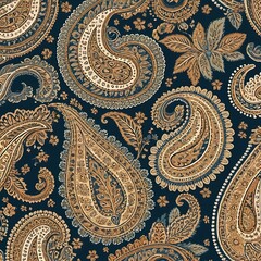Navy Blue and Gold Paisley Pattern: Seamless textile design featuring intricate paisley motifs in navy blue, gold, and beige. Perfect for fashion, home decor, and surface design. 