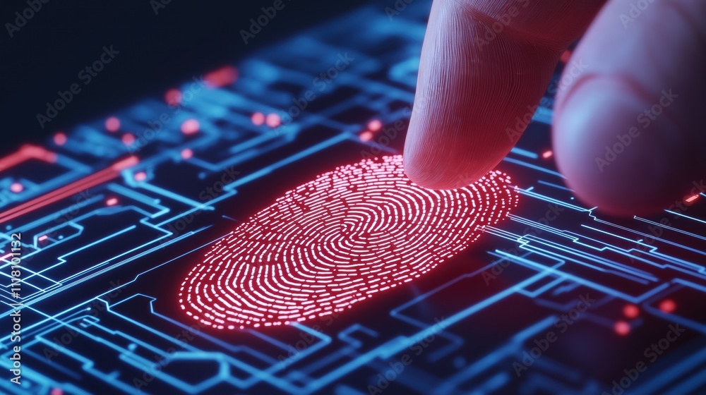 Poster finger scanning tech for secure login. futuristic biometric auth system. person touches tech device.