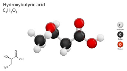 Molecule: 2-Hydroxybutyric Acid or alpha-hydroxybutyric acid. Molecular structure. Formula: C4H8O3. Chemical model: Ball and stick. White background. 3D illustration.