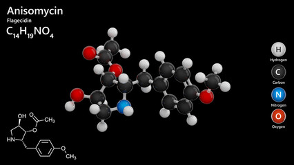 Molecule: Anisomycin or Flagecidin. Antibiotic. Molecular structure. Formula: C14H19NO4. Chemical model: Ball and stick. Black background. 3D illustration.