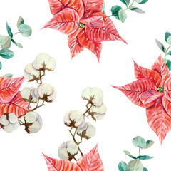 Christmas poinsettia flower, cotton and eucalyptus sprig, watercolor seamless pattern. Hand drawn vector illustration. For New Year cards, invitations, wrapping paper, textiles, covers.