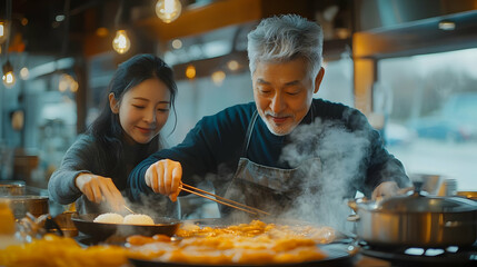 Family Preparing Tteokguk for Seollal concept as A family in the kitchen preparing tteokguk traditional rice cake soup for Seollal engaging in cooking together symbolizing renewal tradition and togeth
