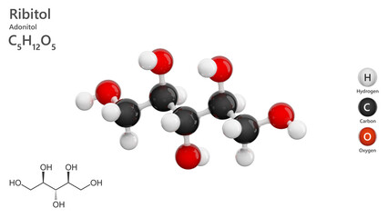 Molecule: Ribitol or Xylitol. Sugar alcohol. Molecular structure. Formula: C5H12O5. Chemical model: Ball and stick. White background. 3D illustration.