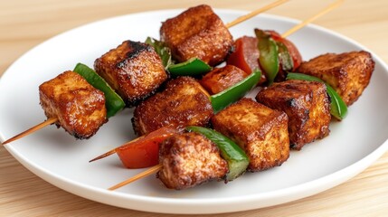 Fototapeta premium Indulge in flavorful Indian-style tofu skewers grilled to perfection with fresh vegetables, served on a wooden table