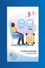 Design for airport flyer. Wan with luggage sitting in airplane. Holiday and vacation. Travel and tourism. Cover, banner or poster. Flat vector illustration