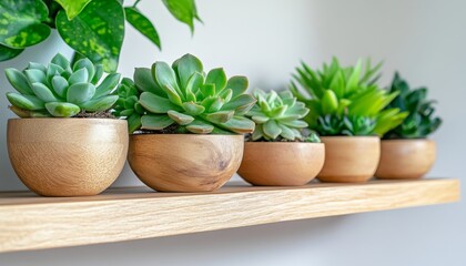 Fototapeta premium Indoor Plants, Minimalist Home Decor Succulent Collection in Wooden Pots on a Wooden Shelf