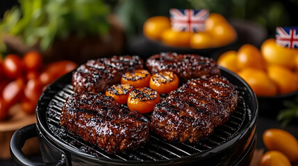 Glossy Australian BBQ Background concept as Glossy background showcasing Australian BBQ setup vibrant colors grills flags ample copy space symbolizing festive cooking and national pride for Australia 
