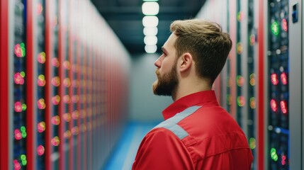 cybersecurity expert analyzing data in server room, surrounded by blinking lights and technology. atmosphere conveys focus and professionalism