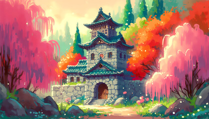 Fototapeta premium story book illustration of a cute little stone castle