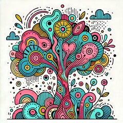 Colorful abstract tree with swirling patterns.