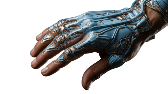 Sleek robot hand delicately holding a microchip, a vision of AI-powered technology innovation, isolated on transparent background.
