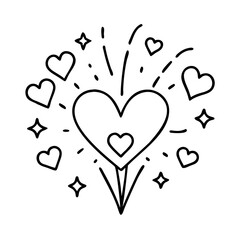 heart fireworks icon, valentines day illustration, valentine icon - simple black line art of heart fireworks, symbolizing valentines day celebrations. valentine vector.