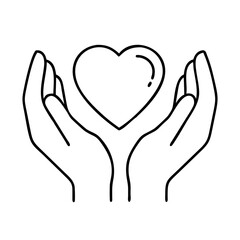 heart in hands icon, valentines day illustration, valentine icon - simple black line art of heart in hands, symbolizing valentines day celebrations. valentine vector.