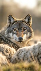 Fototapeta premium A wolf stealthily watching over a flock of sheep in a serene rural landscape at golden hour