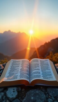 Open bible on rocks with mountain sunrise in background. New beginnings concept. Inspiration, hope from morning light. Spiritual, nature combined. Focus on peace, solace. Book open for study. Serene,