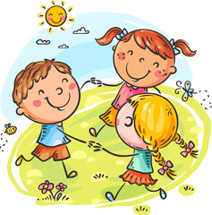 Cute little children dancing circle. Cartoon kids holding hands dancing outdoors, flat vector illustration