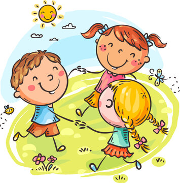 Cute little children dancing circle. Cartoon kids holding hands dancing outdoors, flat vector illustration