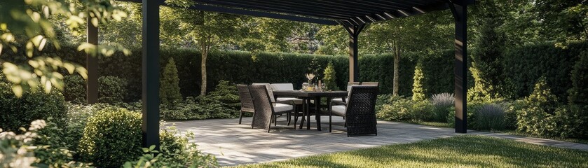 Obraz premium Serene Garden Patio 3D Render of Wicker Furniture under Pergola, Landscape Design, Outdoor Dining Outdoor design, garden furniture