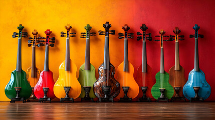 Glossy Seollal Traditional Music Instruments Background concept as A glossy background displaying traditional Korean music instruments used during Seollal celebrations arranged elegantly with ample co