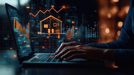 Person uses laptop showing real estate market growth. Financial data, graphs visualized on screen show upward trend. Modern tech for property investment. Passive income opportunities. Investment in