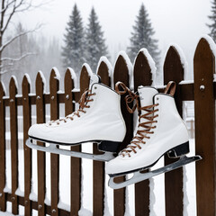 Vintage Ice Skates Hanging on Snowy Fence