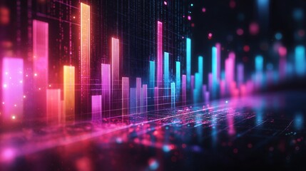 Abstract glowing financial graph shows colorful bar chart, lines. Dynamic market analysis data trends presented. Visual representation of market fluctuations. Digital overview of financial