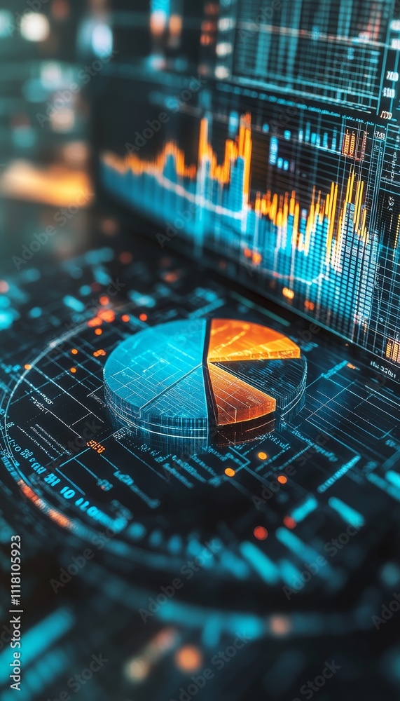 Wall mural 3d pie chart displaying business data analysis and financial reports on a digital screen
