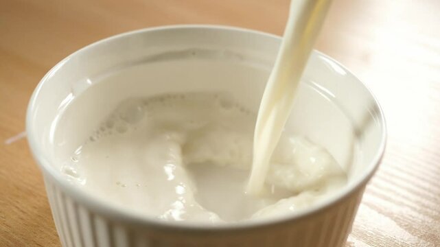 slow motion pouring milk into an empty white bowl