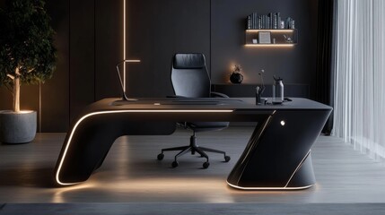 A sleek modern workspace featuring a monochrome desk setup, ergonomic seating, and adjustable ambient lighting for mood enhancement