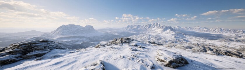 Fototapeta premium Snowy Mountain Range Vista Digital Landscape, Wide Shot, Winter Scene, Mountain Scenery Digital art, Winter landscape