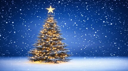 Snowy Night Christmas Tree Illuminated Fir, Winter Wonderland Scene, Festive Lights, Vertical Composition Christmas, Winter